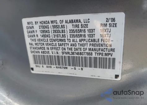 2006 Honda Odyssey Ex-L z USA, uszkodzony, nr VIN 5FNRL38746B077868